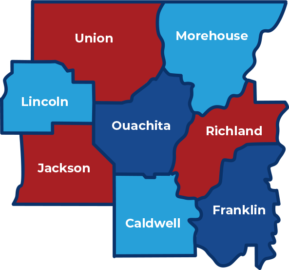 Union, Morehouse, Lincoln, Ouachita, Richland, Jackson, Caldwell, Franklin Parishes